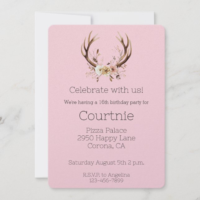 Invitación Antillas de ciervos florales rosados Cumpleaños de (Anverso)