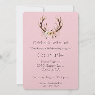 Invitación Antillas de ciervos florales rosados Cumpleaños de