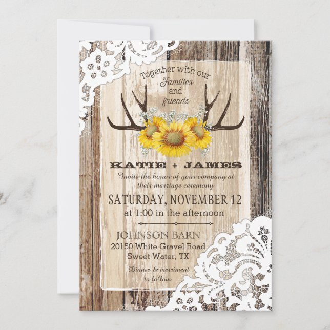 Invitación Antillas De Girasol De Boho Wood Lace Boda Rústico (Anverso)