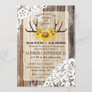 Invitación Antillas De Girasol De Boho Wood Lace Boda Rústico