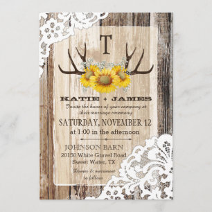 Invitación Antillas De Girasol De Boho Wood Lace Boda Rústico