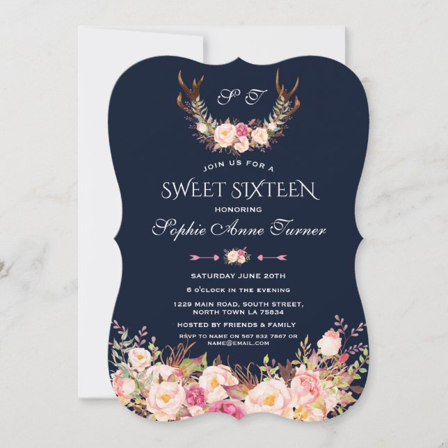 Invitación Antillas Florales De Rubor Rosa Dulce Azul Oscuro  (Anverso)