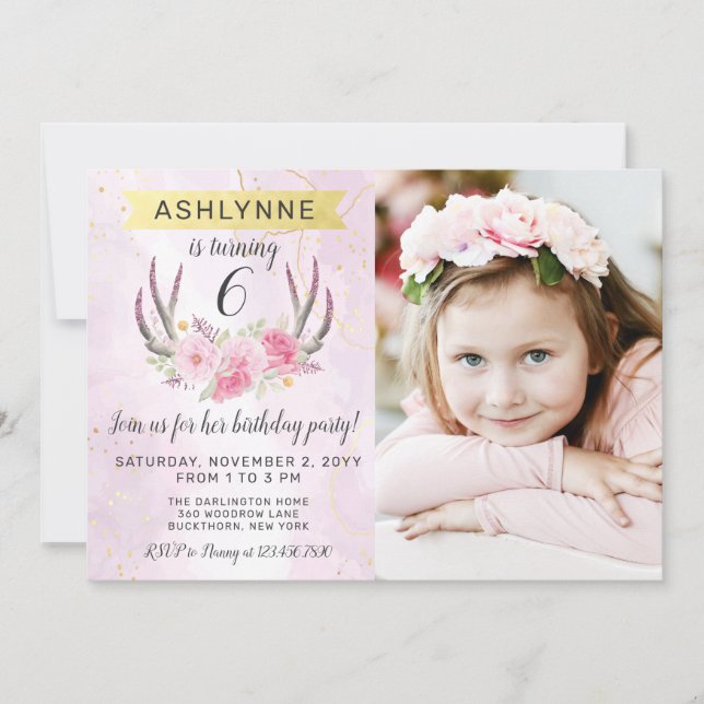 Invitación Antillas Florales y cumpleaños de mármol de oro ro (Anverso)