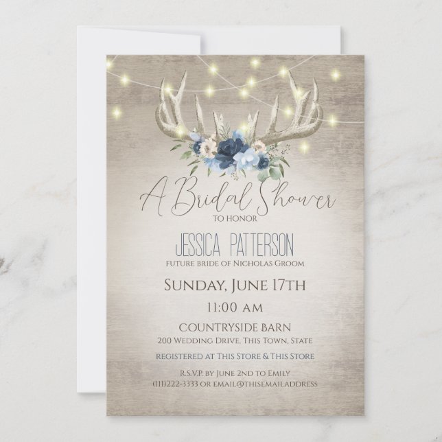 Invitación Antillas y luces Floral Blue Bridal Shower (Anverso)
