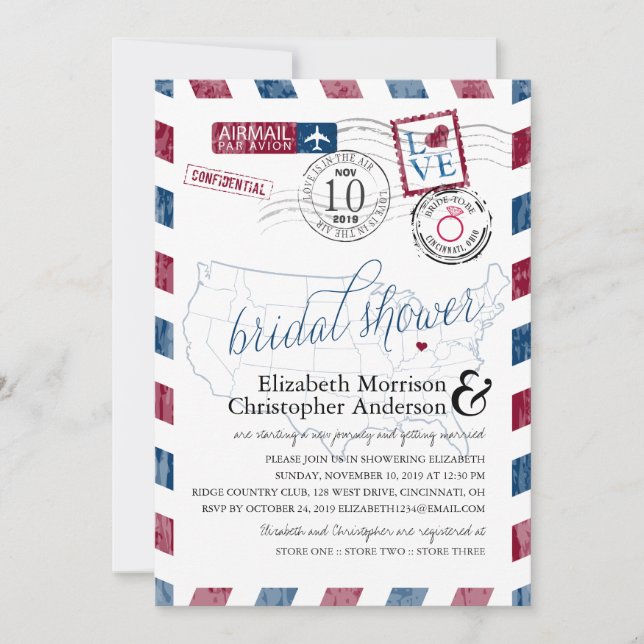 Invitación Antique Airmail Ohio | Bridal Shower (Anverso)