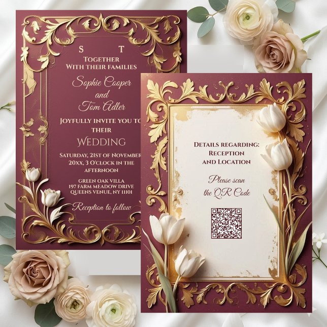 Invitación Antique Burgundy Ivory Tulips Gold Baroque Wedding (Antique Burgundy Ivory Tulips Gold Baroque Wedding Invitation)