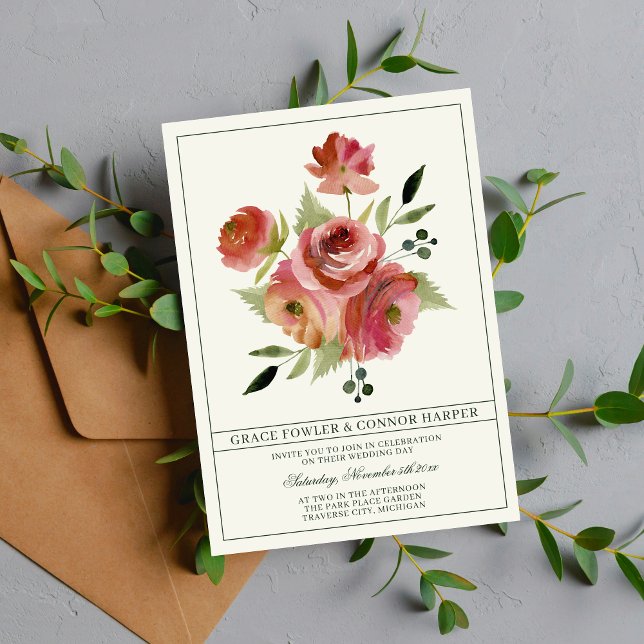 Invitación Antique Floral Pink Evergreen Bouquet Wedding (Subido por el creador)