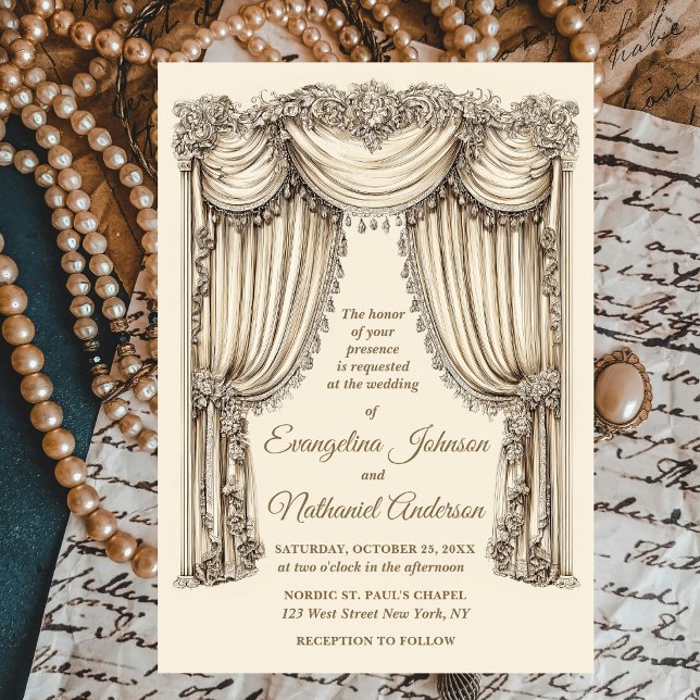 Invitación Antique Gilded Age Ivory Timeless Curtains Wedding (Subido por el creador)