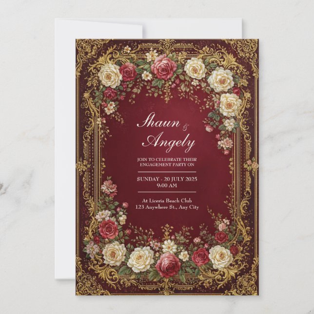 Invitación Antique Gilded Burgundy Floral Formal Wedding (Anverso)