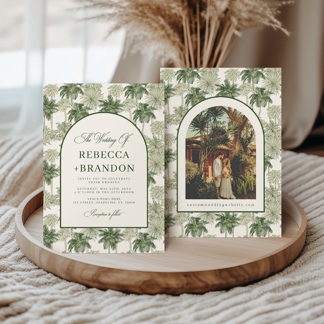 Invitación Antique Palm Tree Toile De Jouy Beach Wedding (Subido por el creador)