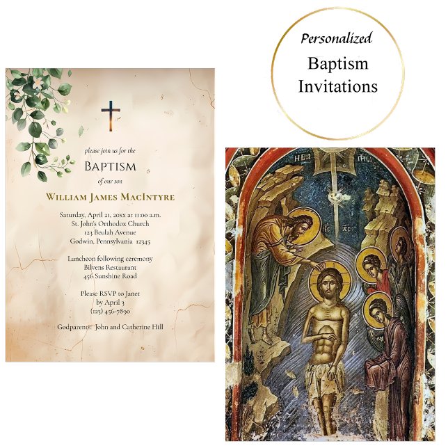 Invitación Antique Style Parchment Greenery Baptism (Subido por el creador)