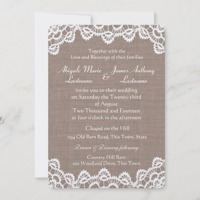 Invitación Antísimo Crochet Lace y Burlap (Anverso)