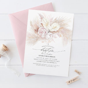Invitación Antiurio blanco y bautismo floral de gramo de pamp