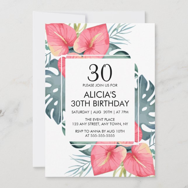 Invitación Antiurio tropical moderno y cumpleaños de Monstera (Anverso)