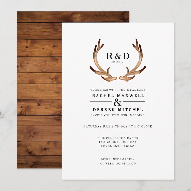 Invitación Antler de acuarela rusa | Boda simple (Anverso / Reverso)