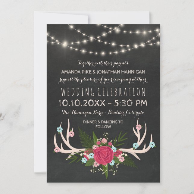 Invitación Antlers de rosa roja - Boda de tablero de calzado  (Anverso)