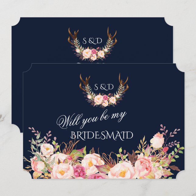 Invitación Antlers Florales De Rubor Servirás De Mi Nodestia (Anverso / Reverso)