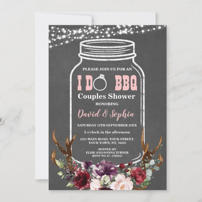 Invitación Antlers florales Mason Jar Chalk I DO BBQ (Anverso)