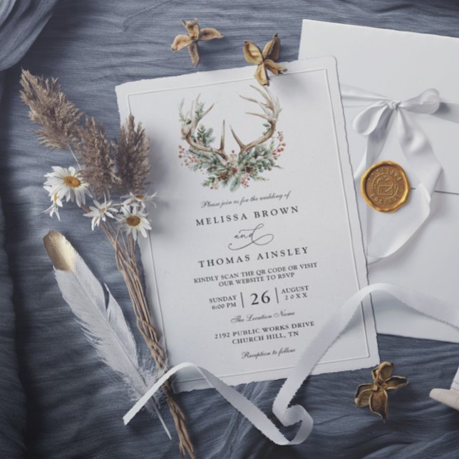 Invitación Antlers Rustic Floral Greenery QR Code Wedding (Subido por el creador)