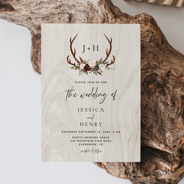 Invitación Antlers Rustic Wood Boho Boda (Subido por el creador)