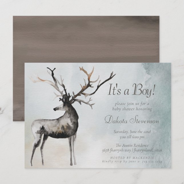 Invitación Antlers Rústicos | Ethereal Woodland Baby Boy Show (Anverso / Reverso)