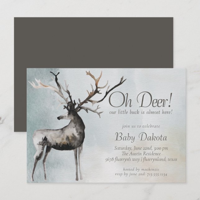 Invitación Antlers Rústicos | Oh Deer Little Buck Baby Shower (Anverso / Reverso)