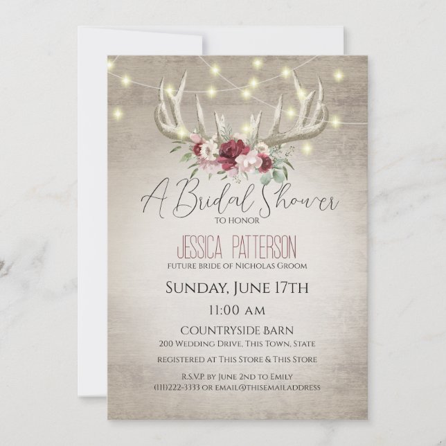 Invitación Antómanos y luces Floral Bridal Shower (Anverso)