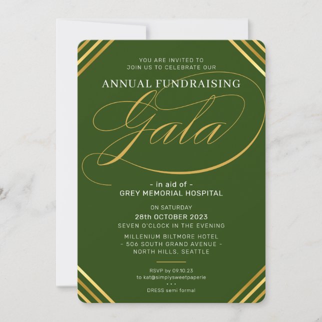 Invitación ANUAL GALA elegante evento moderno oro verde oscur (Anverso)