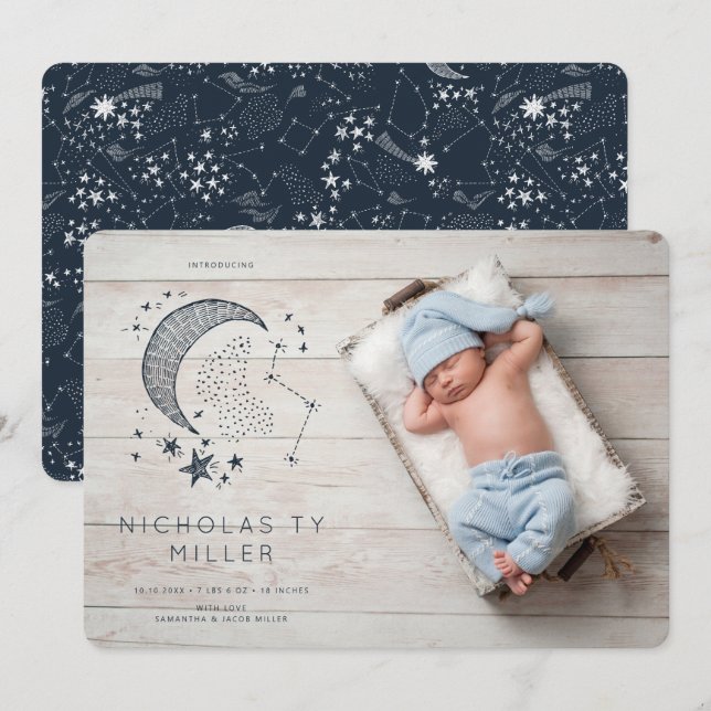 Invitación Anunciar nacimiento constelación Escrito en las Es (Anverso / Reverso)