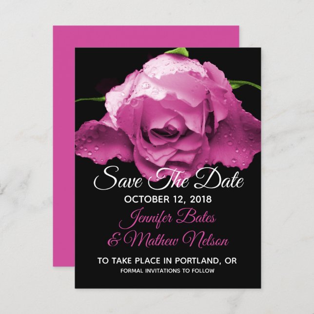 Invitación Anuncios de Aviso de Fecha de Bodas con Rosa Rosa (Anverso / Reverso)