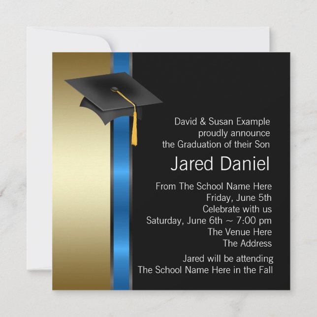 Invitación Anuncios de graduación de Boys Blue Gold (Reverso)