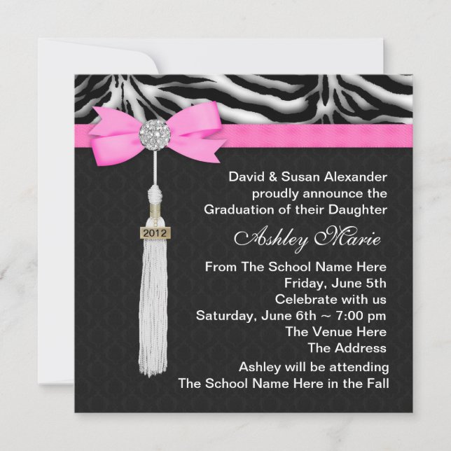 Invitación Anuncios de graduación de cebra rosa caliente (Anverso)