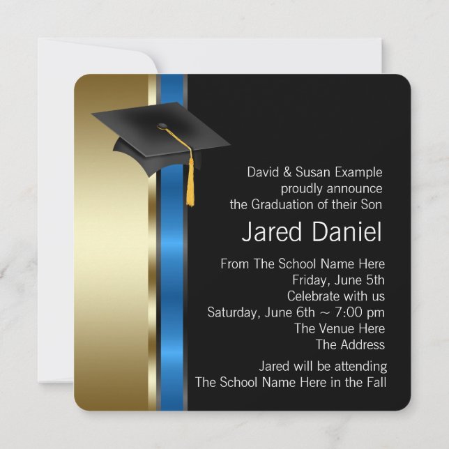 Invitación Anuncios de graduación de fotos en azul y oro para (Reverso)