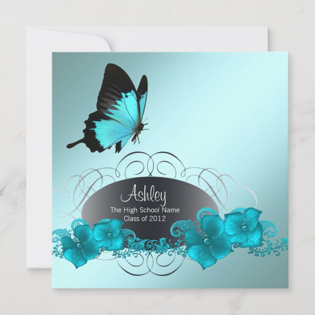 Invitación Anuncios de graduación de mariposa azul verde azul (Anverso)