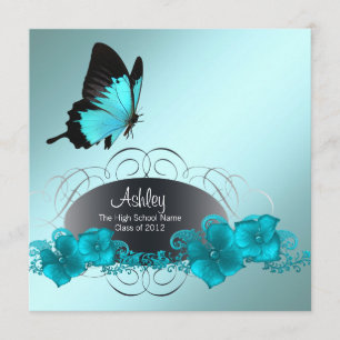 Invitación Anuncios de graduación de mariposa azul verde azul