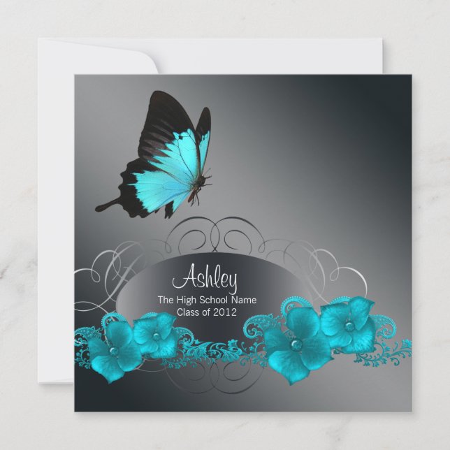 Invitación Anuncios de graduación de mariposa azul verde azul (Anverso)