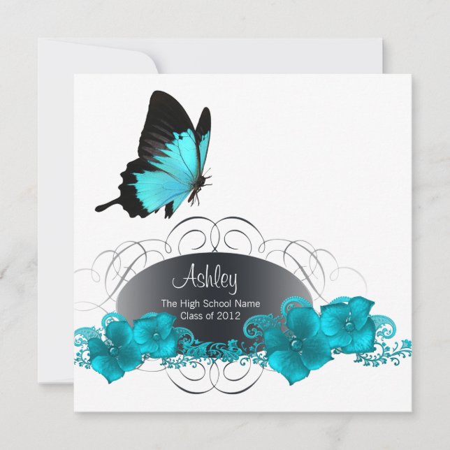 Invitación Anuncios de graduación de mariposa azul verde azul (Anverso)