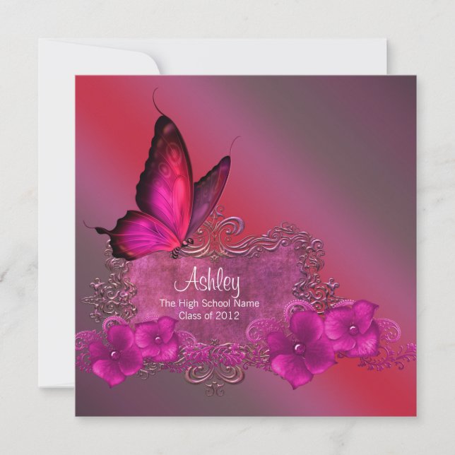 Invitación Anuncios de graduación de mariposa rosa caliente (Anverso)