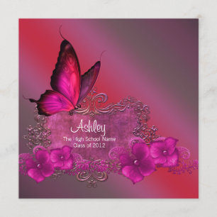 Invitación Anuncios de graduación de mariposa rosa caliente