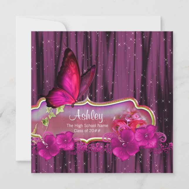 Invitación Anuncios de graduación de mariposa rosa caliente (Anverso)