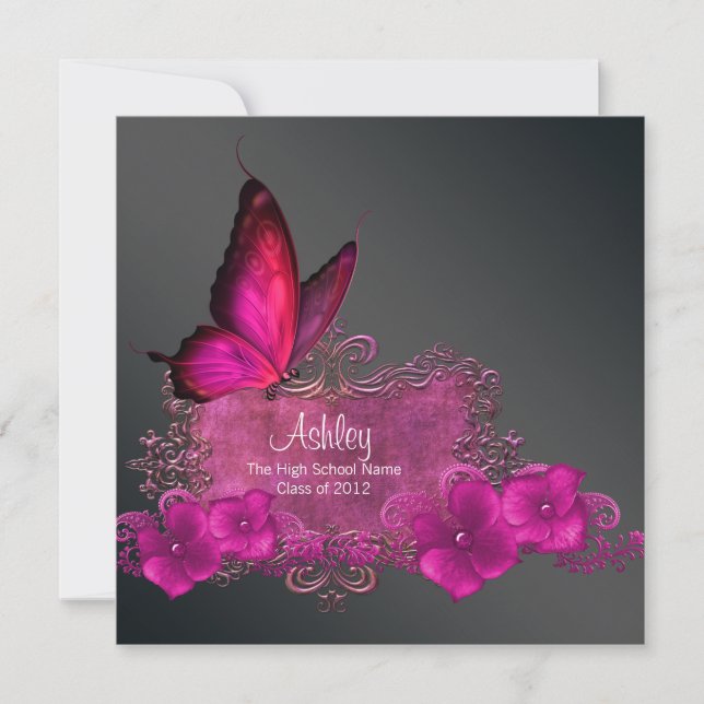 Invitación Anuncios de graduación de mariposa rosa caliente (Anverso)