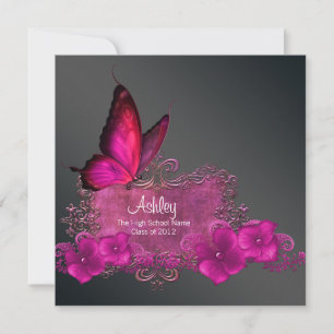 Invitación Anuncios de graduación de mariposa rosa caliente