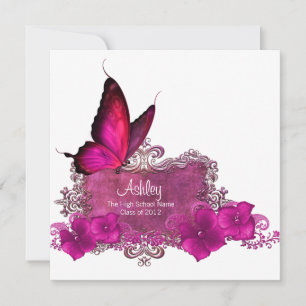 Invitación Anuncios de graduación de mariposa rosa caliente