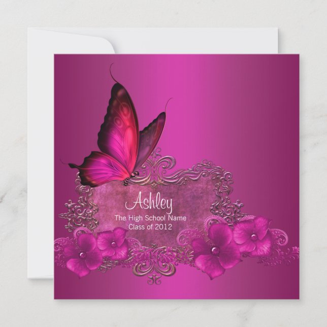 Invitación Anuncios de graduación de mariposa rosa caliente (Anverso)