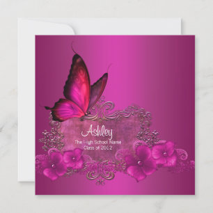 Invitación Anuncios de graduación de mariposa rosa caliente