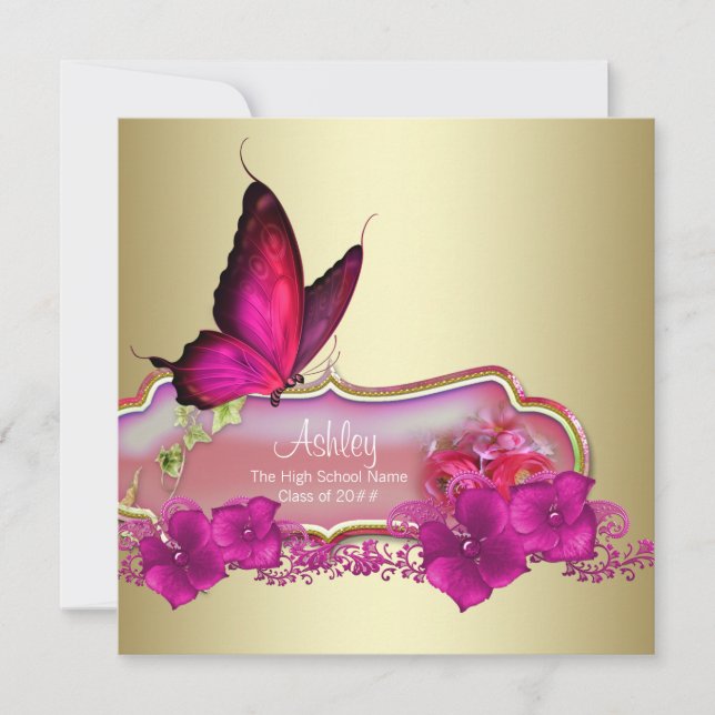Invitación Anuncios de graduación de mariposa rosa caliente (Anverso)