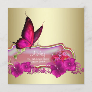 Invitación Anuncios de graduación de mariposa rosa caliente