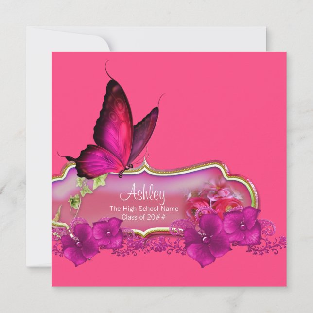 Invitación Anuncios de graduación de mariposa rosa caliente (Anverso)