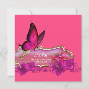 Invitación Anuncios de graduación de mariposa rosa caliente