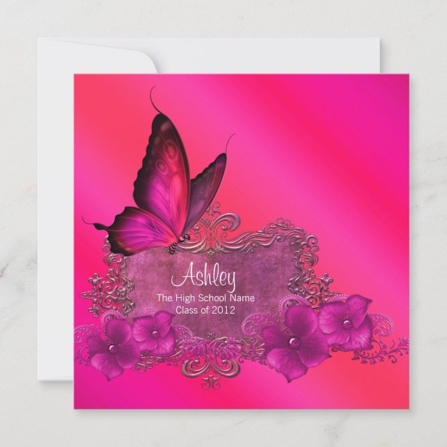 Invitación Anuncios de graduación de mariposa rosa caliente (Anverso)